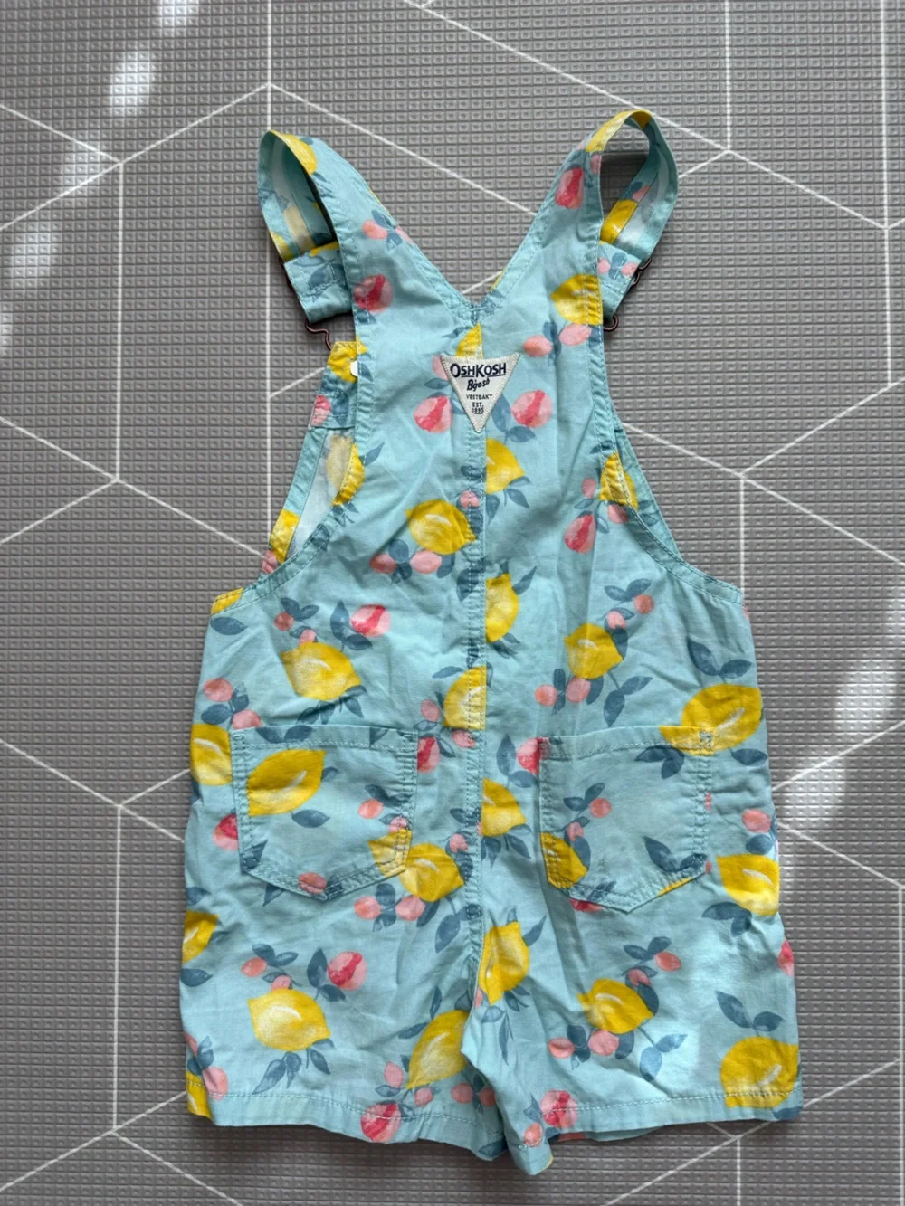 OshKosh B'gosh|Baby girl/toddler Blue Lemon Print Shortalls overalls•Novelty 4T